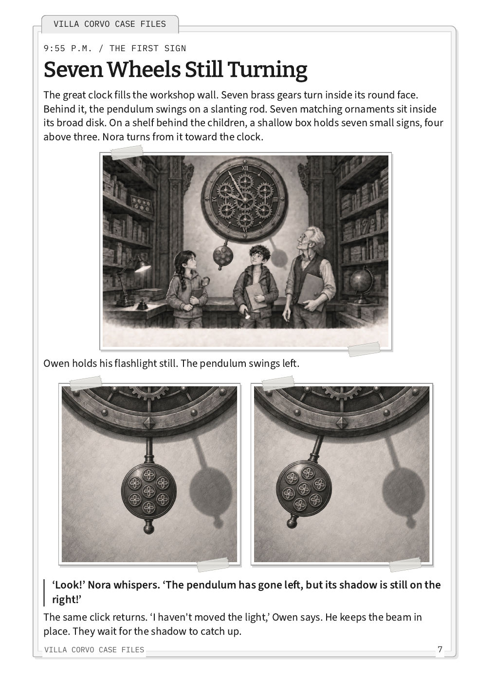 Pagina narrativa con il grande orologio e il pendolo.